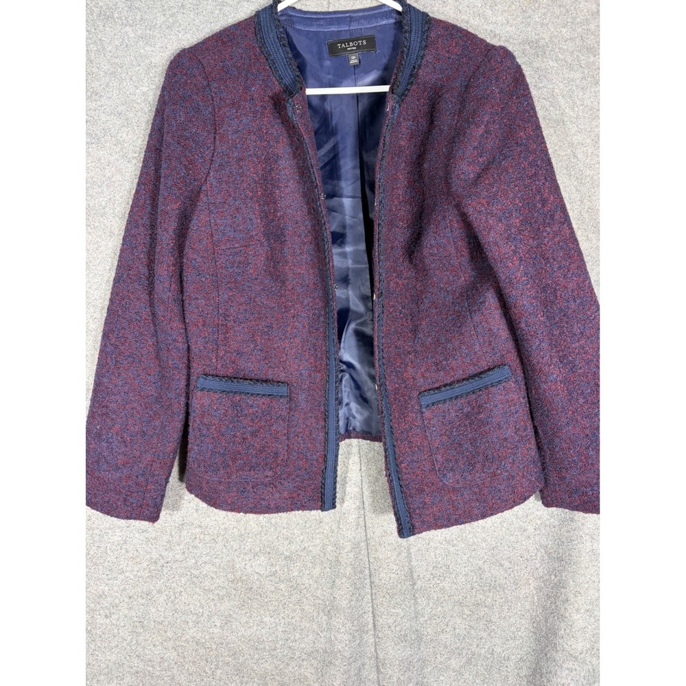 Talbots Petites Wool Blend Boucle Blazer Jacket Burgundy Navy 12P Hook & Eye